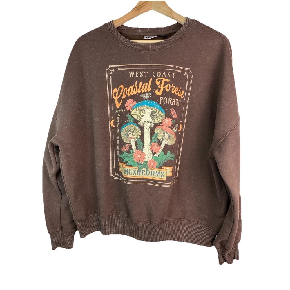Doe Women's M Brown West Coast Forest Forage Mushrooms Graphic Print Sweatshirt